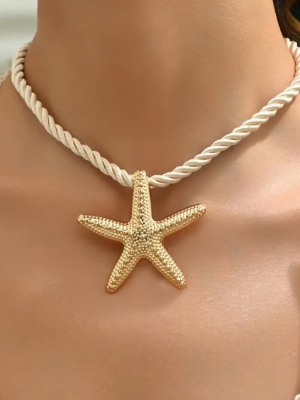 Beach-Inspired Starfish Pendant Necklace Handwoven Braided Cord Gold-tone Metal